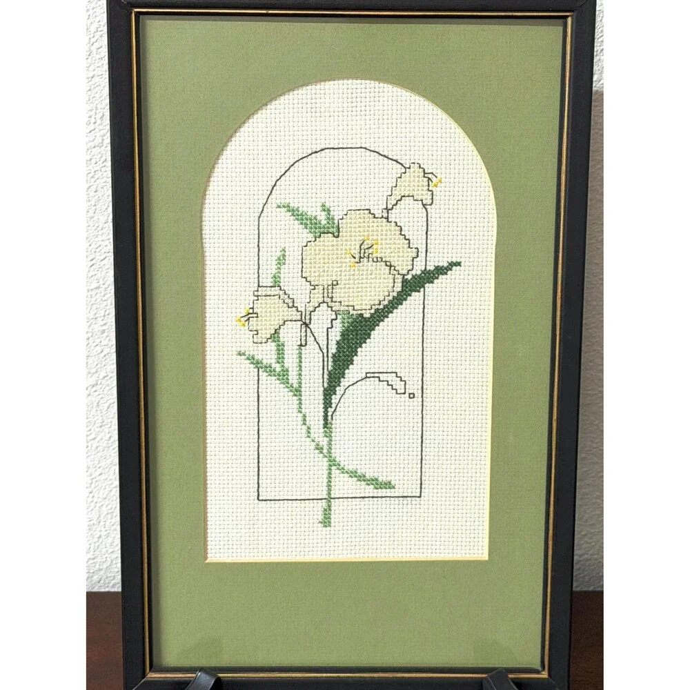 Vintage 1982 Framed Floral Cross Stitch Handmade Botanical Wall Art